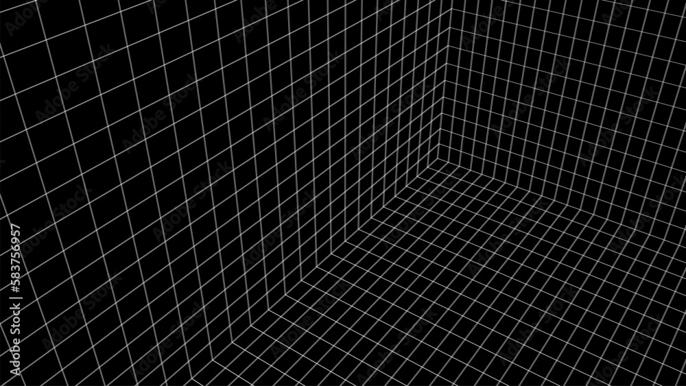 Futuristic digital black grid box background. Wireframe room network abstract technology line with effect of illusion. Vector illustration.