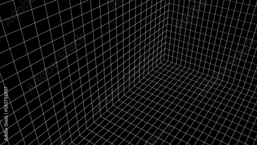 Futuristic digital black grid box background. Wireframe room network abstract technology line with effect of illusion. Vector illustration.