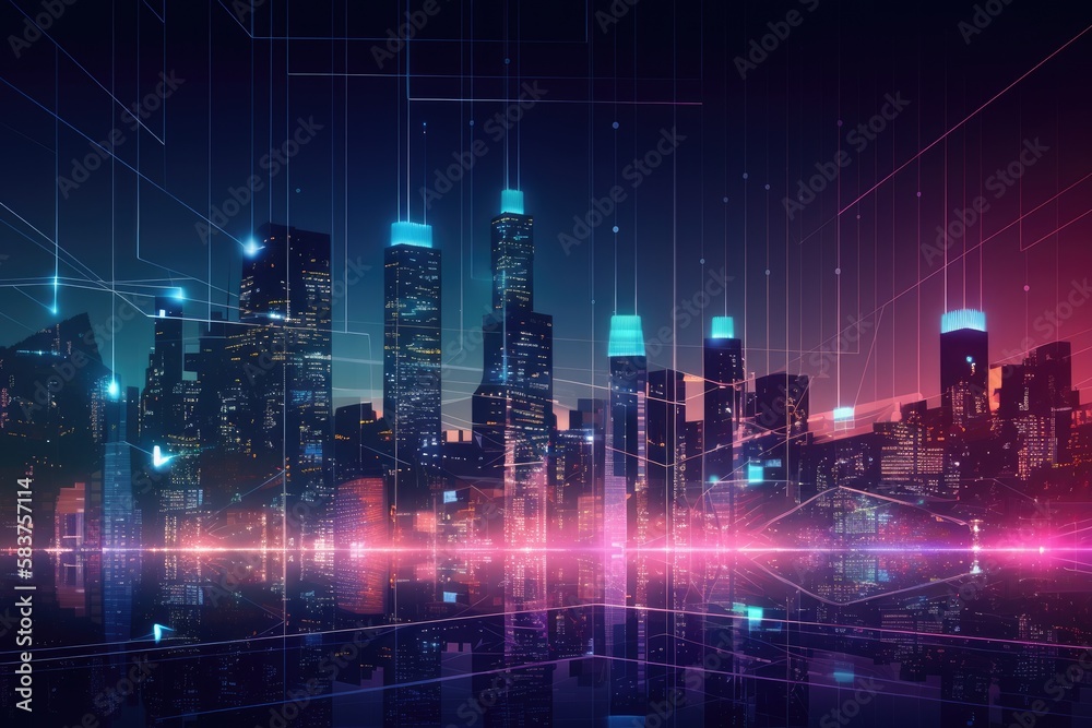 A futuristic cityscape in the background, with a minimalist, abstract representation of big data in the foreground, conveying a sense of progress and transformation through its sleek, geometric shapes