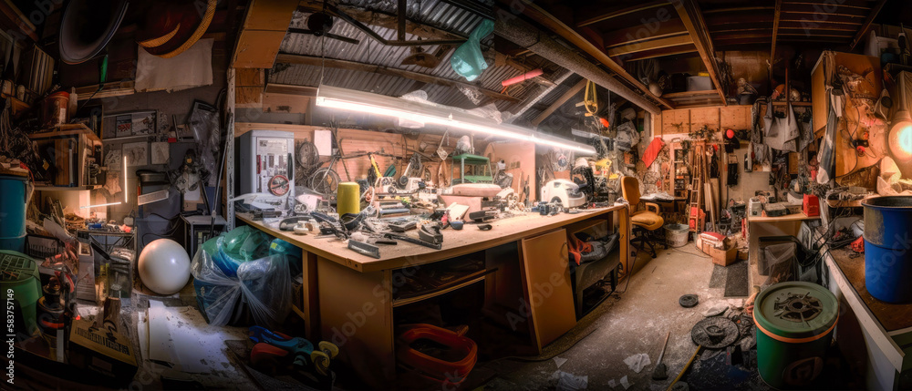An illustration of a very messy and dirty basement of a hoarder that needs a deep cleaning and trash removal (generative AI)