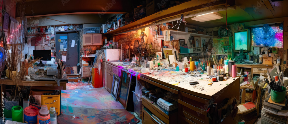  An illustration of a messy and dirty basement of an artist that needs a deep cleaning and trash removal (generative AI)