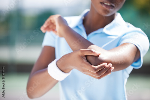 Canvas Print Elbow pain of tennis sports woman, injury and first aid emergency for medical health risk