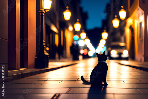 black cat in city at nighttime