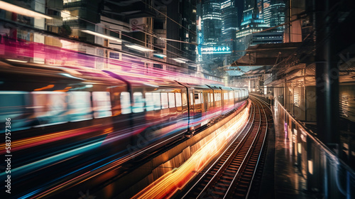 A high-speed train racing through a city