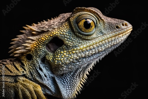 The dark backdrop and close-up of a pseudocalotes lizard's head. Generative AI photo