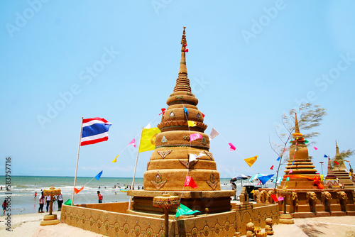 sand pagoda and wall was carefully built, and beautifully decorated in Songkran festival