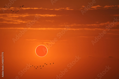 Total solar eclipse on the red orange sky in the mornning