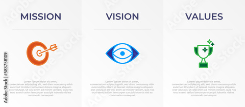 Mission, Vision and Values Infographic Vector template banner design. 3 steps infographic banner of company with Abstract icon and Modern flat design. Business vision presentation banner.