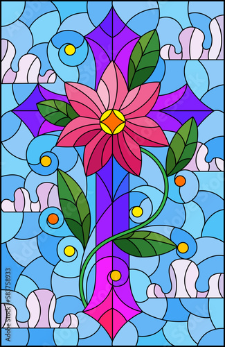 An illustration in the style of a stained glass window with a Christian cross with a flower on a background of blue sky and clouds