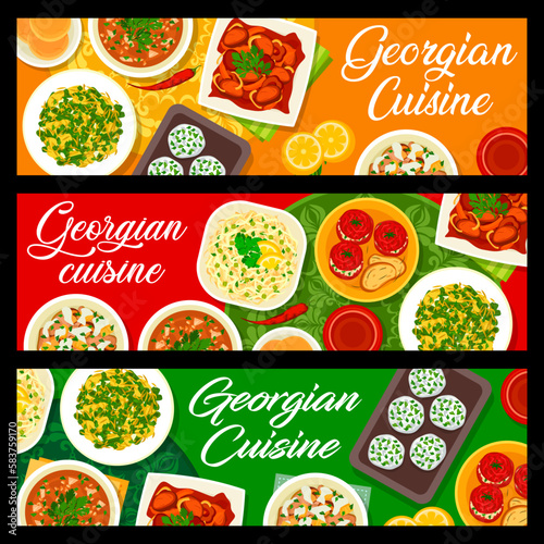 Georgian cuisine food banners. Vector flatbread, beef tongue salad and baked green beans, tomato sauce Satsebeli, stuffed tomatoes and cabbage salad, cheese mint balls, beef with Tkemali sauce