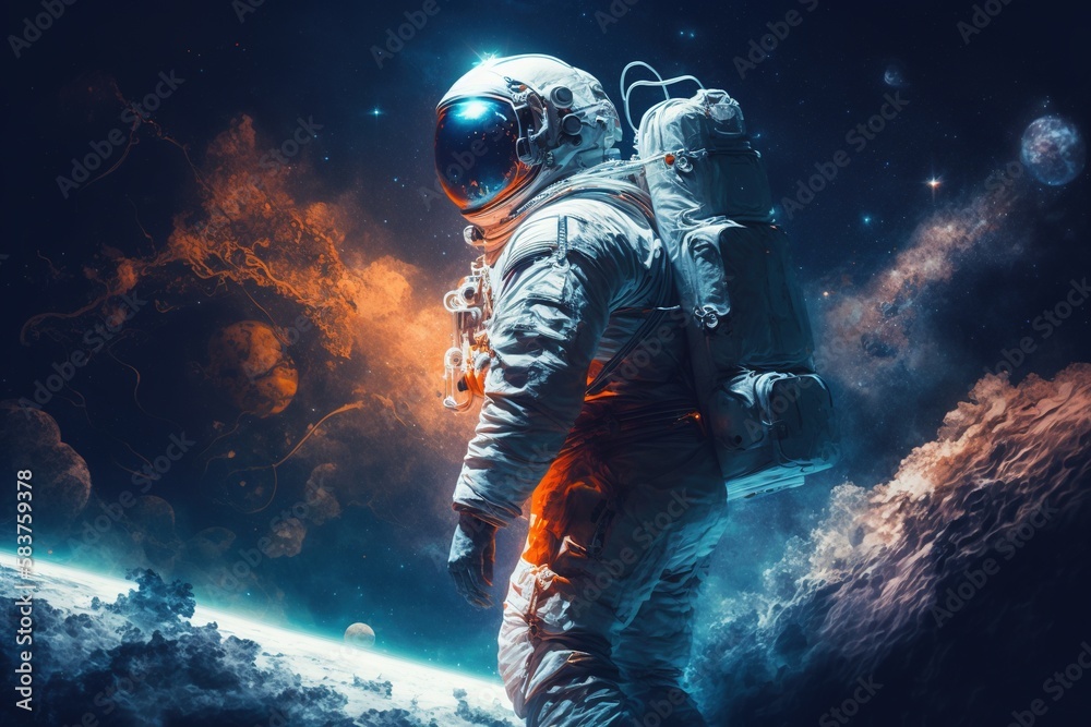 An astronaut standing on the surface of a planet, space art An astronaut standing on the surface of a planet, space art