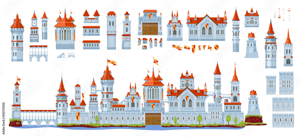 Medieval fortress castle constructor. Vector architecture elements of ancient palace building, stone walls, towers, flags and archways, gates and windows set. Fantasy castle, palace, fort and citadel