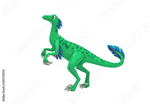 Cartoon troodon dinosaur character. Isolated vector small carnivorous dino that lived in North America during the Cretaceous Period. Prehistoric reptile  wildlife lizard biped predator with feathers