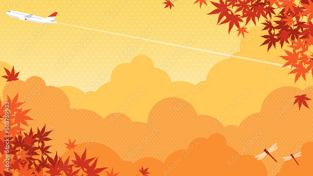 秋の紅葉と飛行機、赤とんぼの飛ぶ風景　背景素材（横向き16:9）