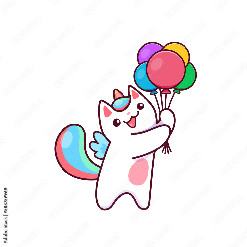 Obraz premium Cartoon cute kawaii caticorn character with air balloons, cat kitty unicorn, kids vector. Cheerful funny caticorn or happy kitty unicorn with rainbow birthday balloons, baby magic caticorn kitten