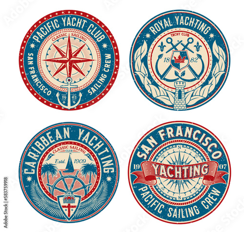 Yacht club retro patch, regatta badge and marine boat crew vector emblems. Yachting sport team heraldic signs with anchor and ship helm, royal yacht club patches for navy regatta or sailing adventure