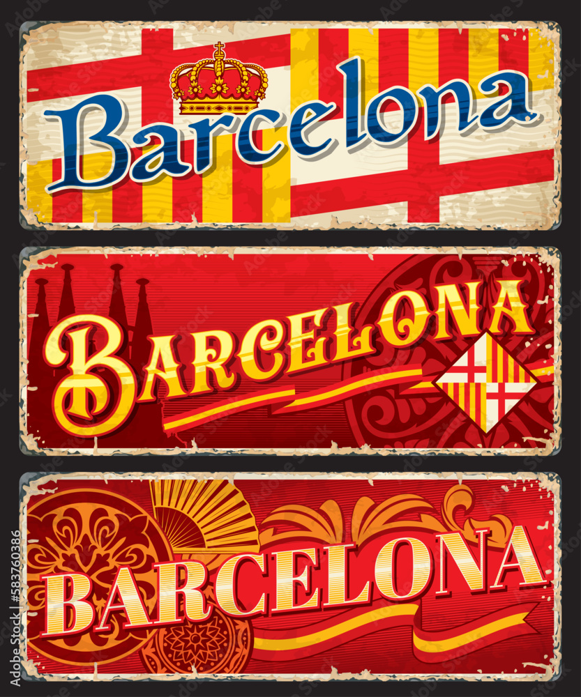 Barcelona travel stickers and plates or Spain city luggage tags, vector