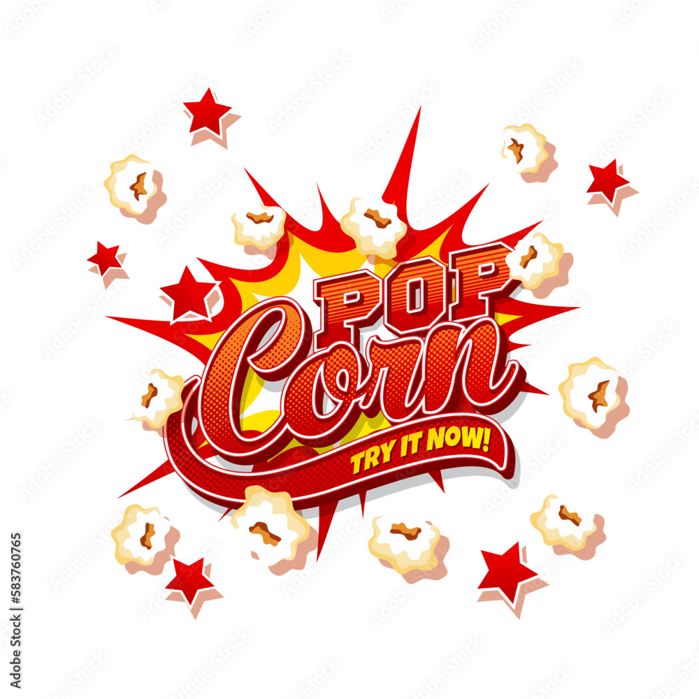 Popcorn snack explosion, cartoon pop corn burst splash, vector background. Popcorn splash and halftone text with stars explosion, Try It Now commercial advertising for cinema bar or movie snacks menu