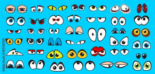 Cartoon comic eyes characters. Vector emotion expression emoticons with cute, funny, angry and mad, sad and happy look eyes. Comic face elements set with doodle eyeballs, eyebrows, eyelids, eyelashes
