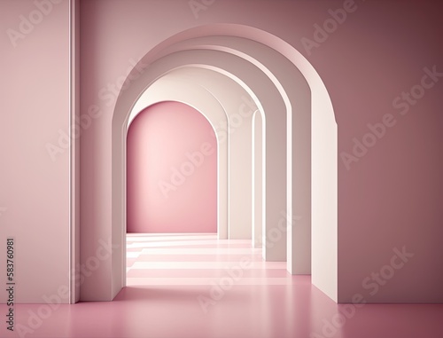 Minimalistic empty pink archway, generative ai composite.
