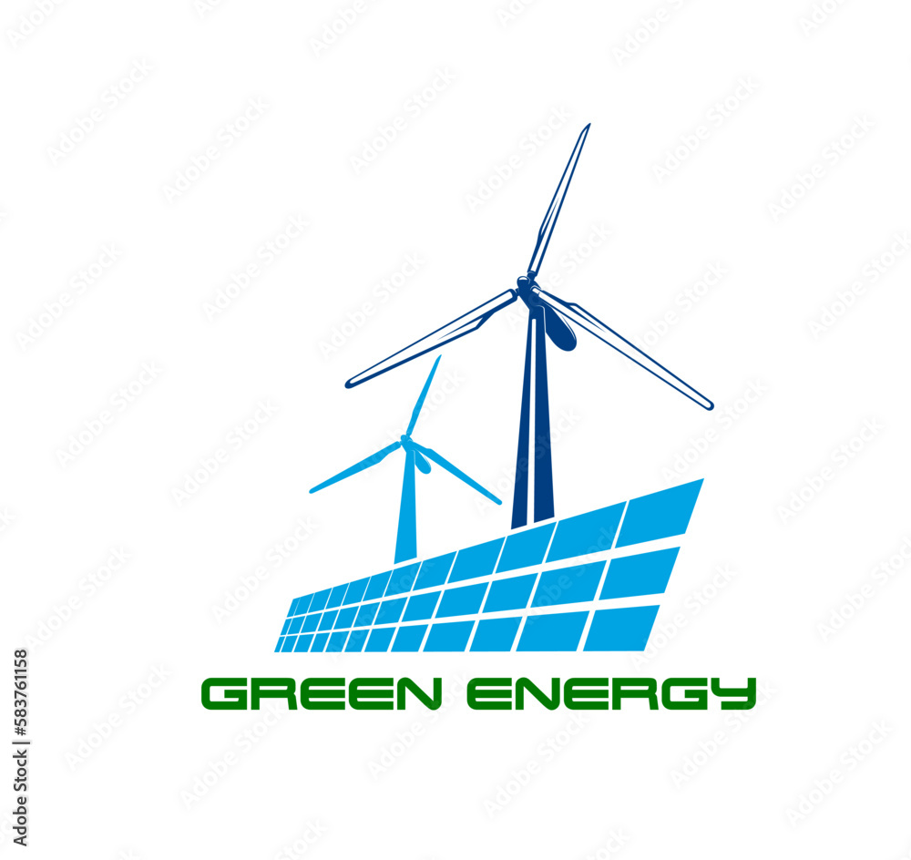 Wind turbine and solar panel icon. Green clean energy. Energy generation alternative source, clean electricity production plant or station, wind turbine or solar panels install service vector symbol