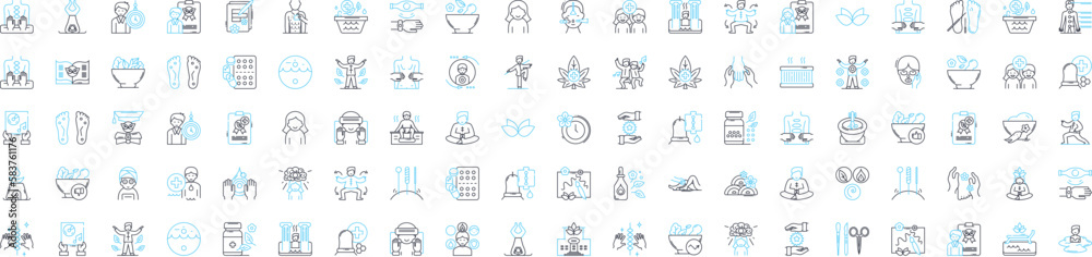 Alternative medicine vector line icons set. Holistic, Naturopathy, Homeopathy, Acupuncture, Ayurveda, Reiki, Aromatherapy illustration outline concept symbols and signs - obrazy, fototapety, plakaty 