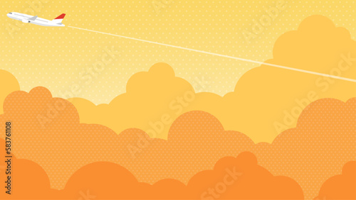夕焼け空の上を飛ぶ飛行機　背景素材（横向き16:9）
