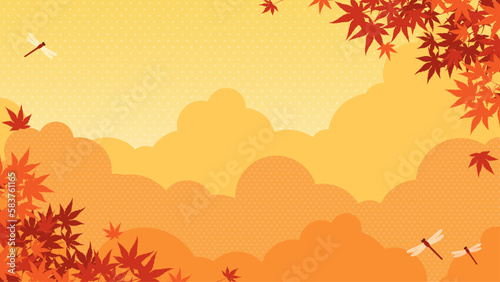 秋の紅葉と赤とんぼの舞う風景　背景素材（横向き16:9）