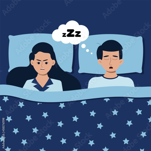 Man zzz snore and woman sleep at night in bed at home. Family couple apnea respiration disease concept. Uhealthy sleep image with blanket and pillow. Flat design cartoon vector character illustration photo