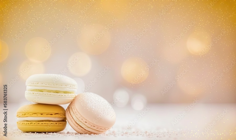 Macarons on a soft yellow bokeh background, generative ai composite. Macarons on a soft yellow bokeh background, generative ai composite.