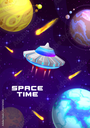 Cartoon galaxy space poster with alien UFO and planets in sky, vector background. Space time and galaxy exploration or spaceflight adventure to alien extraterrestrial planets in fantasy world galactic