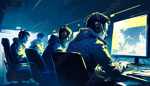  E-sport gaming player teams with illustration art and speed light stlye.competition and strategy for success.stream technology.ai generated images