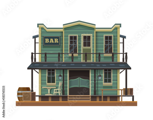 Western  Wild West bar in cowboy town  old cartoon building  vector country wooden saloon. American Wild West or Texas country bar for cowboys  Western antique house building with signage