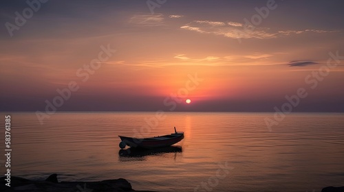 Boat at sea with the sunset in the distance  generative ai composite.