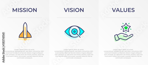 Mission, Vision and Values Infographic Vector template banner design. 3 steps infographic banner of company with Abstract icon and Modern flat design. Business vision presentation banner.