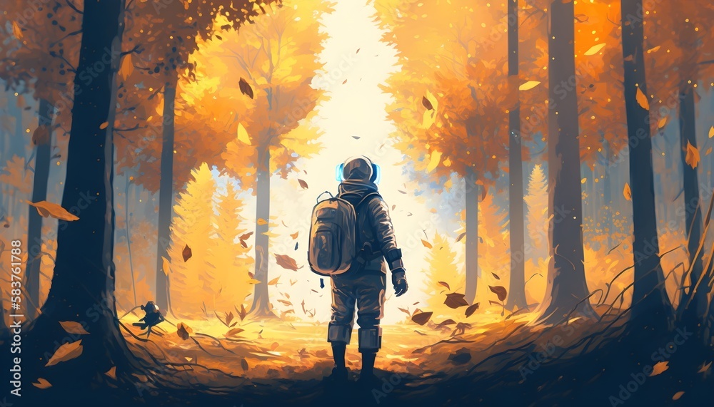 The astronaut in the middle of the autumn forest and looking at the strange light in his hand, digital art style, illustration painting, Generative AI