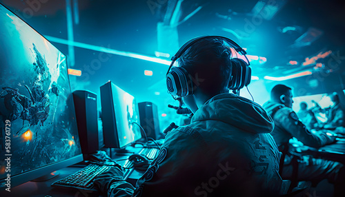  E-sport gaming player teams with illustration art and speed light stlye.competition and strategy for success.stream technology.ai generated images