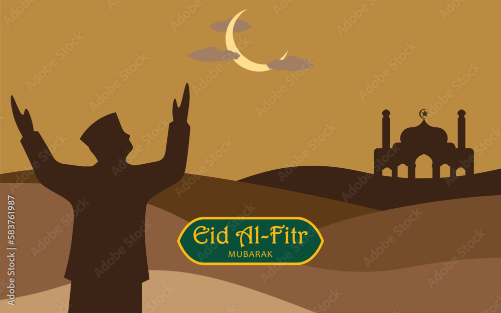 Eid Al Fitr greeting illustration. Men praying for eid mubarak with desert, mosque, moon and clouds as background. Arabic decoration in Eastern style. islamic muslim background.