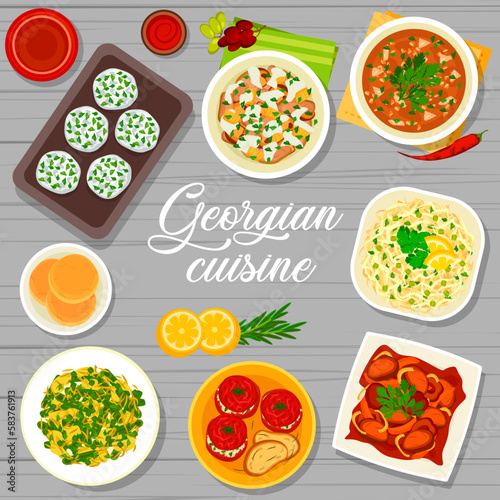 Georgian cuisine menu cover vector template. Beef tongue salad, beef with Tkemali sauce and tomato sauce Satsebeli, baked green beans, flatbread and stuffed tomatoes, cabbage salad, cheese mint balls