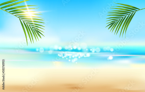 Realistic summer beach tropical landscape with sea waves, palm leaves and sand, vector background. Ocean island, water lagoon and sun in sky, palm leaf and sunshine or sunlight flares in paradise © Vector Tradition