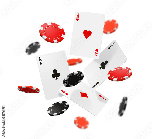 Flying casino poker cards and chips. Realistic 3d vector gambling game, jack pot, falling aces, red and black round pieces. Big win online casino bets, internet gamble or vegas club playing recreation