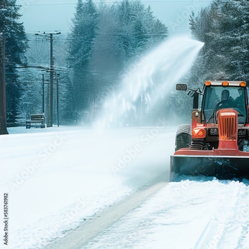 Tractor with snow plow cleaning road