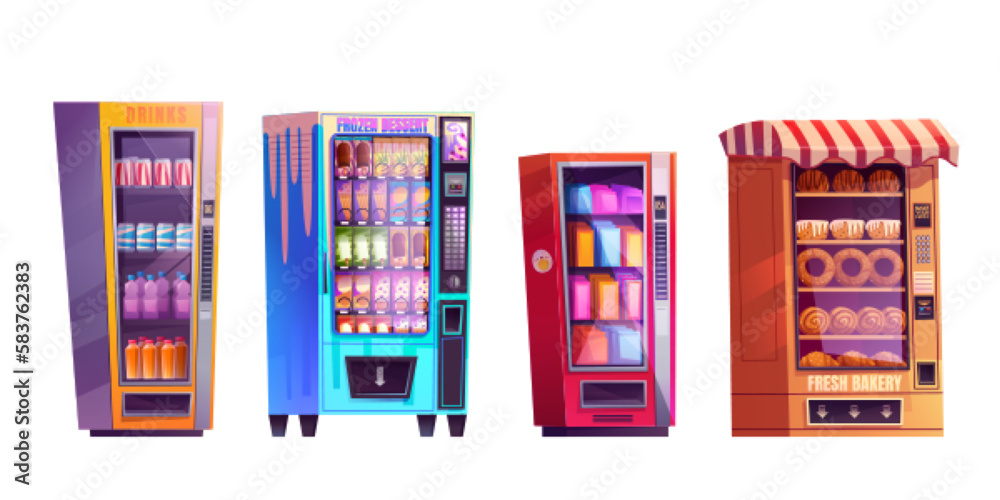 Vector vending machine with drink and snack food. Isolated cartoon dispenser icon set selling bottle, coffee can, bakery and ice cream. Vendingmachine full slot of sweets, juice and cracker.