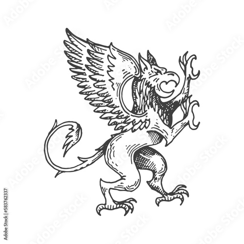 Griffin or gryphon medieval heraldic animal sketch. Fantasy gryphon, mythical animal or magic beast history crest, hand drawn vector sign. Mythology creature medieval coat of arms, heraldry insignia