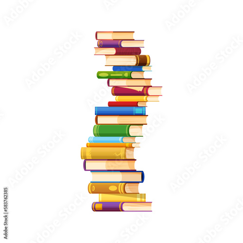 Stack of books, isolated vector pile of cartoon textbooks with colorful covers and variety of sizes and colors. Well organized neatly arranged and balanced literature heap for education and reading