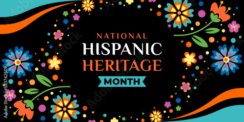 Hispanic heritage month. Vector web banner, poster, card for social media, networks. Greeting with national Hispanic heritage month text, floral pattern on black background with blue, yellow color.