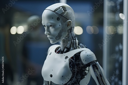 Portrait of cyborg robot head. Generative AI         © EZPS