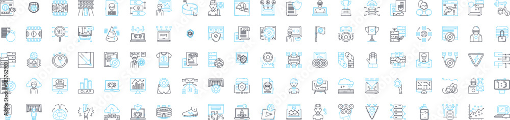 Analytics vector line icons set. Analytics, Measurement, Reporting, Statistics, Tracking, Evaluation, Metrics illustration outline concept symbols and signs Analytics vector line icons set. Analytics, Measurement, Reporting, Statistics, Tracking, Evaluation, Metrics illustration outline concept symbols and signs