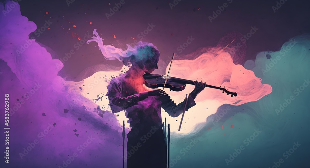 surreal concept of the mystery musician with colored smoke playing a violin, digital art style, illustration painting, Generative AI