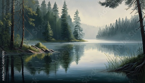 Serene forest lake painting, generative ai composite.